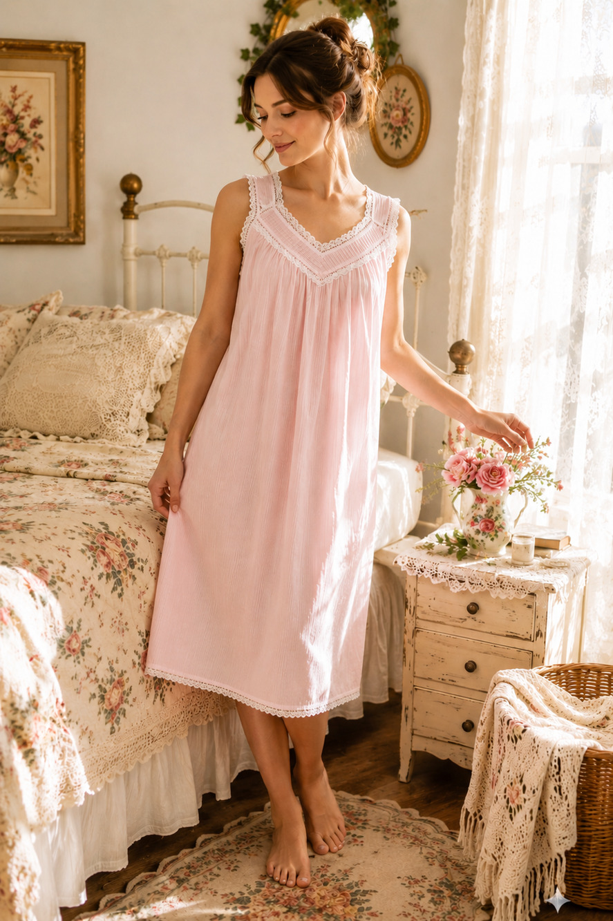 Vintage 80s Glencraft Pink Nightgown sz M V-Neck Sleeveless Lace Trim ILGWU USA